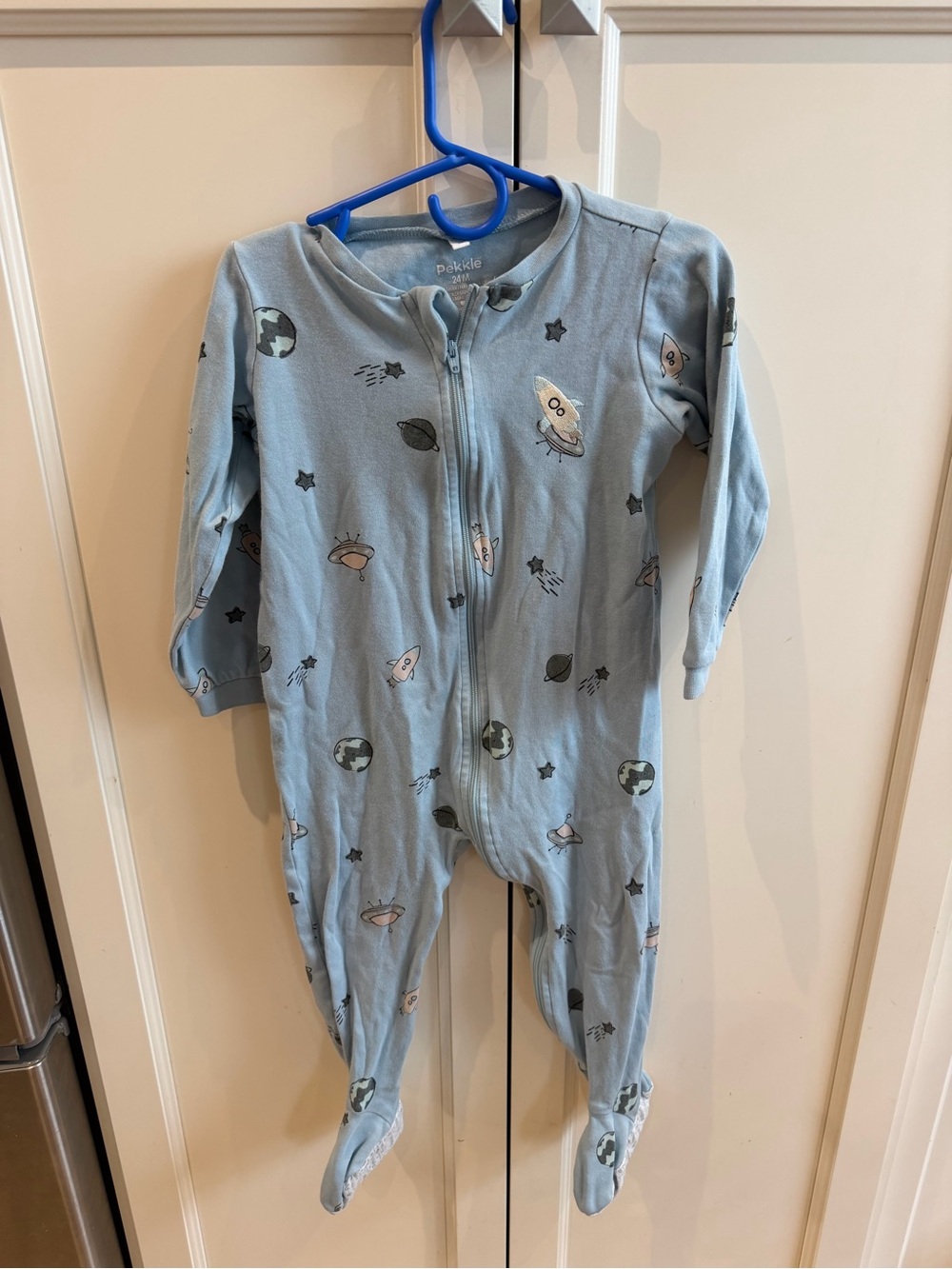 Pekkle 24m Blue Space-Print Baby One-Piece Zip Footed Pajamas